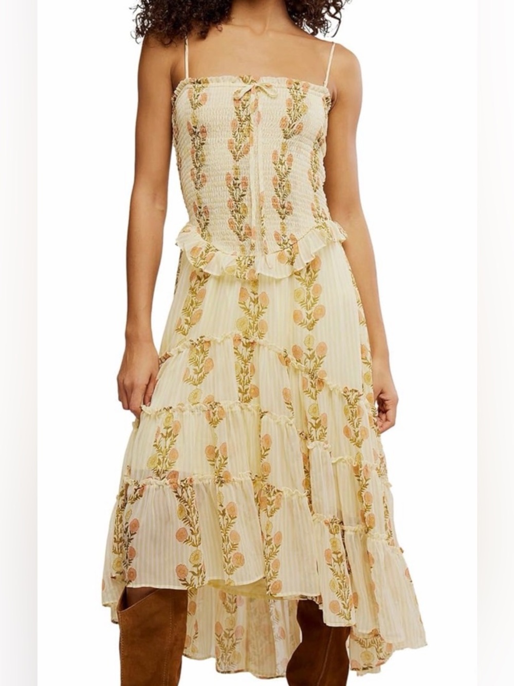 Smocked Tiered Midi Dress in Cream Floral